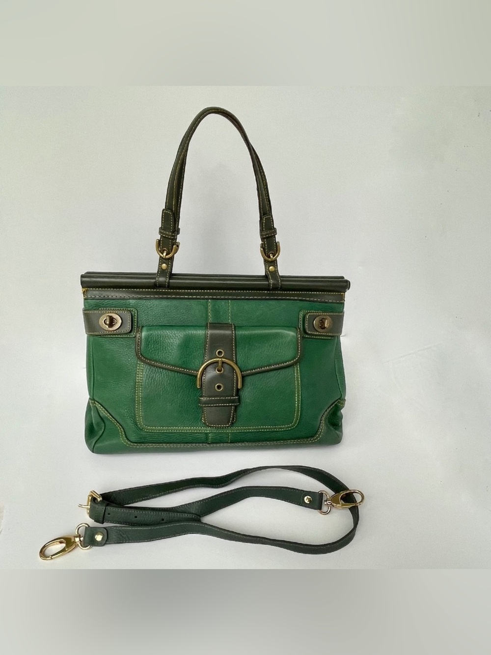 Coach Green and Dark Brown Leather Tote